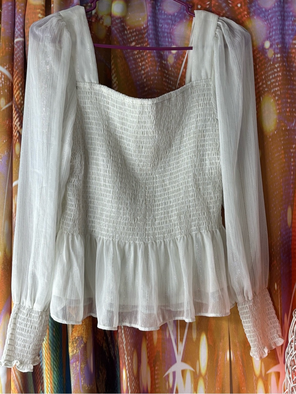 White Smocked Sparkle Long Sleeve Blouse 🤍✨